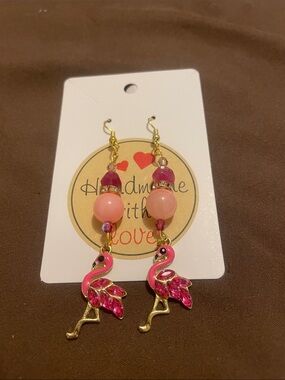 H19 - 2/$14 - Pink Flamingo Dangle Earrings - Handmade